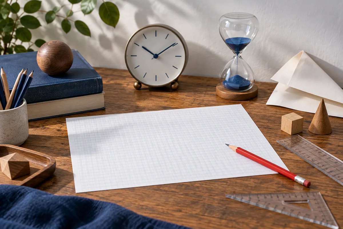 A clock and blue hourglass sit behind blank graph paper and a red pencil on a wooden desk, with books, clear rulers, wooden shapes, and a leafy plant nearby.