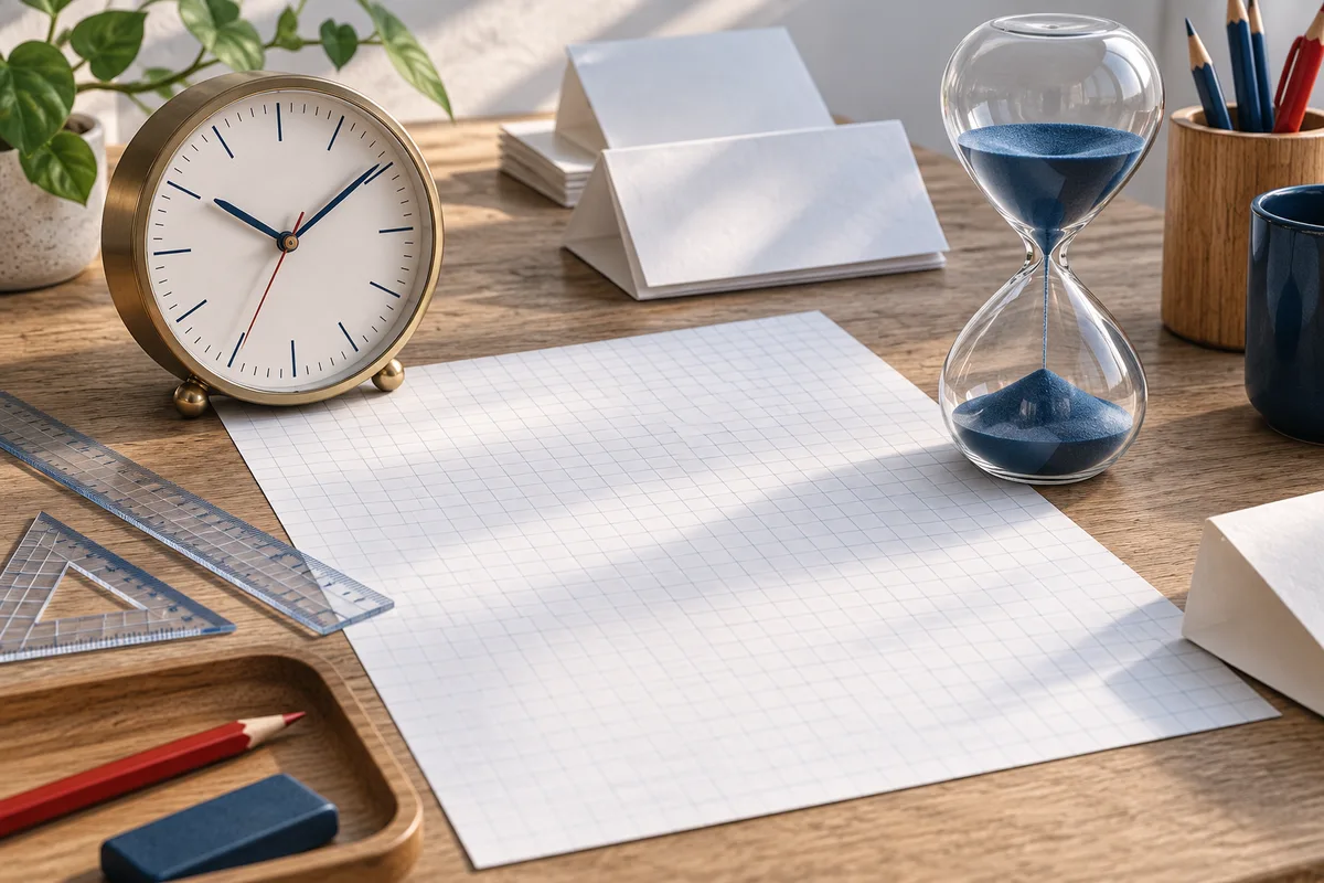 A brass clock and glass hourglass sit beside blank graph paper on a wooden desk, with rulers, pencils, an eraser, and a small potted plant nearby.