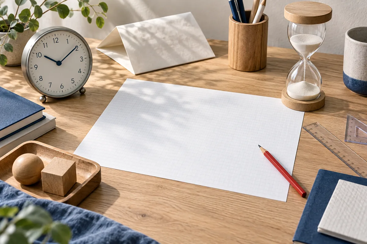 A blank gridded sheet lies on a wooden desk beside a clock, hourglass, red pencil, rulers, stacked books, and a tray holding a wooden sphere and cube.