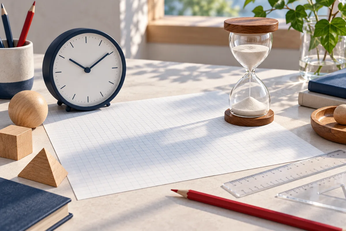 A tabletop still life with a clock, an hourglass, blank graph paper, clear rulers, a red pencil, and wooden shapes.
