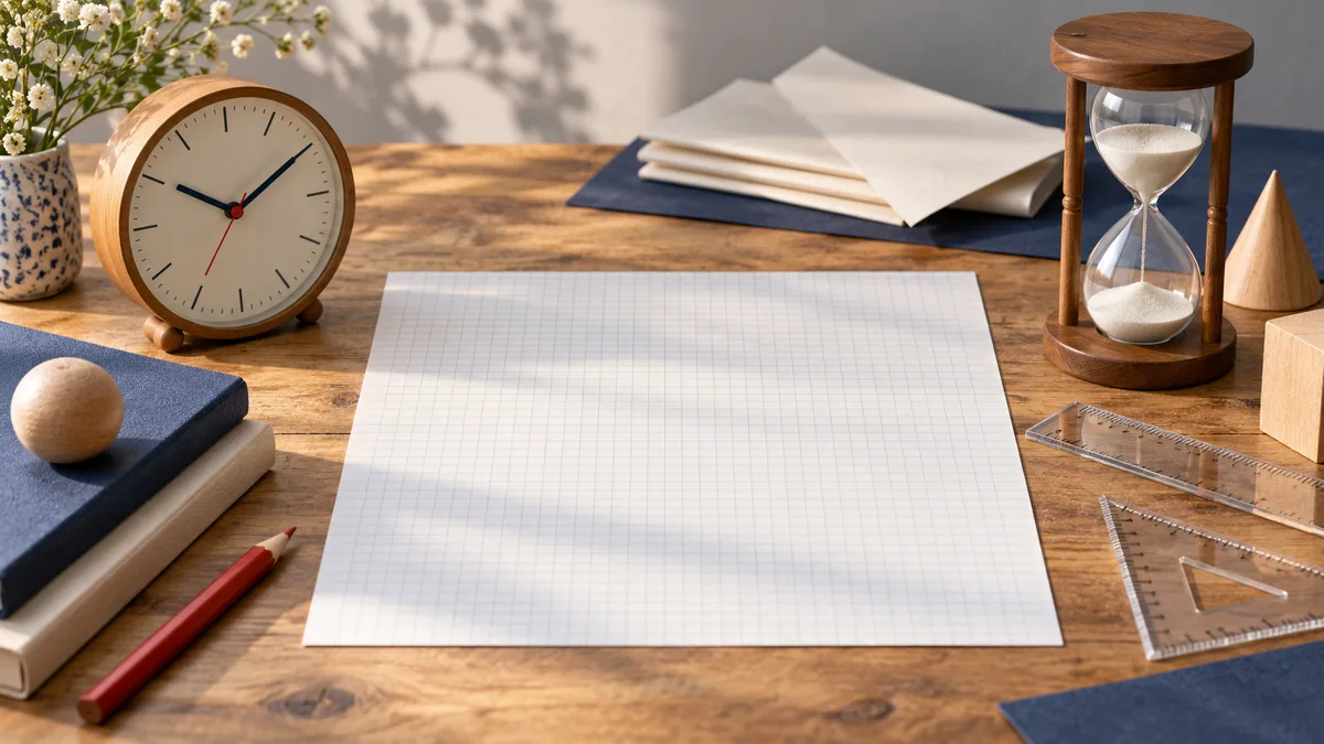 A blank sheet of graph paper on a wooden desk, surrounded by a clock, an hourglass, folded paper, rulers, books and a red pencil.
