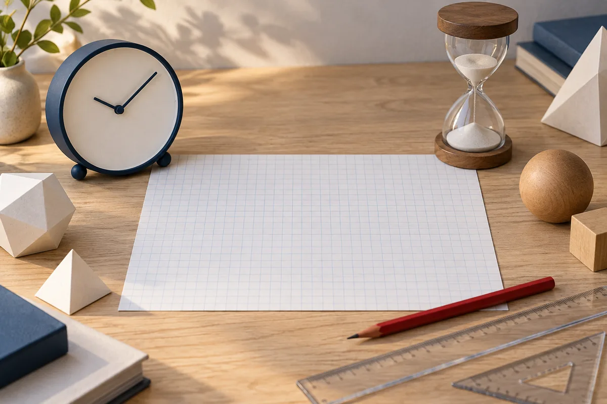 A blue-rimmed clock and glass hourglass sit beside blank graph paper, a red pencil, clear rulers, and wooden geometric shapes on a desk.