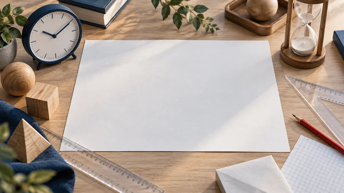 A blank sheet on a wooden desk surrounded by a clock, an hourglass, clear rulers, a red pencil, wooden shapes, and books.