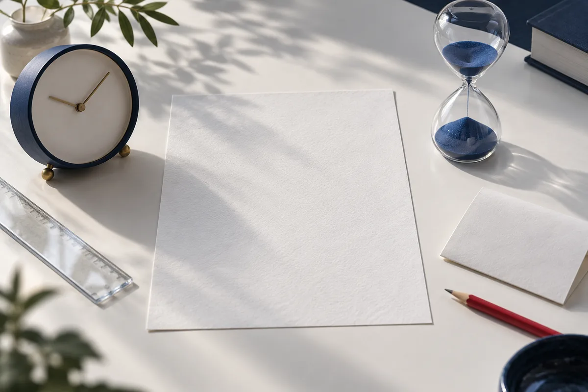 A round clock and blue sand hourglass sit beside a blank sheet, a clear ruler, and a red pencil on a sunlit desk.