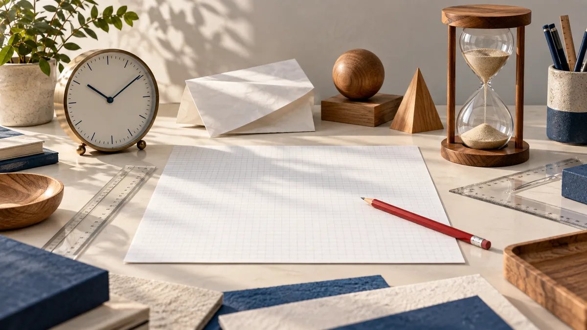 A clock and hourglass sit beside blank graph paper, a red pencil, rulers, and wooden shapes on a sunlit desk.