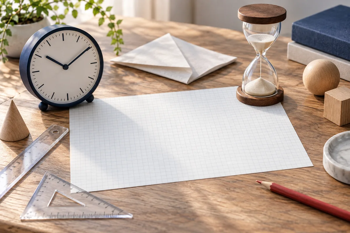 A blank sheet of graph paper on a wooden desk, surrounded by a clock, hourglass, folded paper, clear rulers, a red pencil, and small wooden shapes.