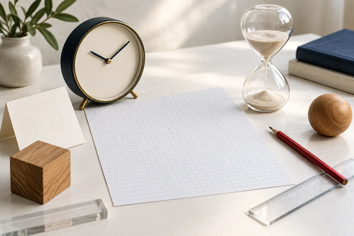 A tabletop still life with a clock, hourglass, blank graph paper, red pencil, clear rulers, books, wooden objects, and a potted plant.