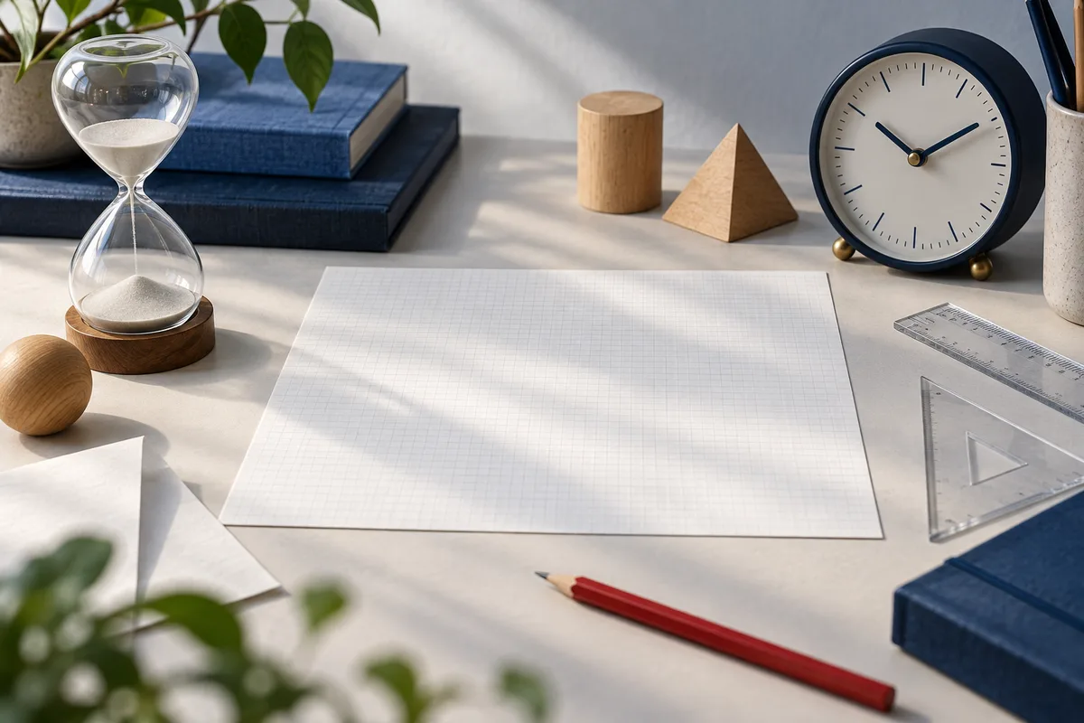 A blank gridded sheet lies on a desk between an hourglass and an analog clock, with rulers and a red pencil nearby.