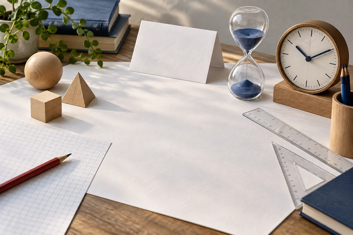 A wooden desk holds blank white paper, a clock, a blue-sand hourglass, transparent rulers, wooden shapes, books, a plant, and a red pencil on graph paper.