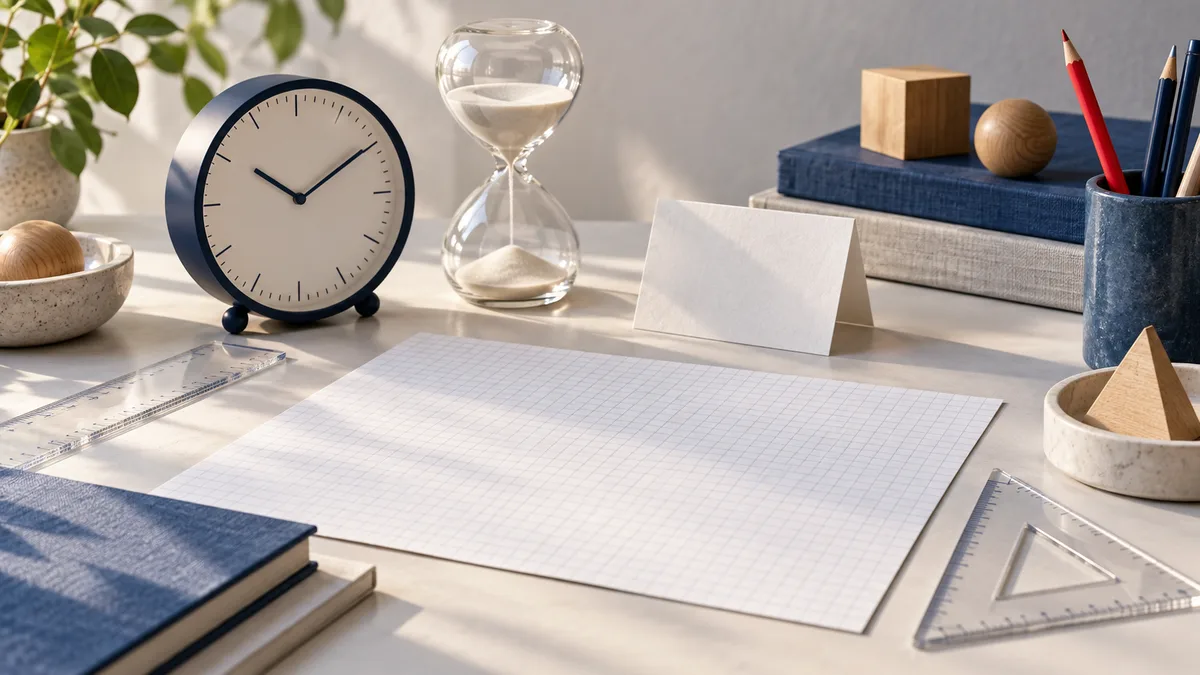 A desk still life with a round clock, hourglass, blank graph paper, rulers, books, pencils, and wooden shapes.