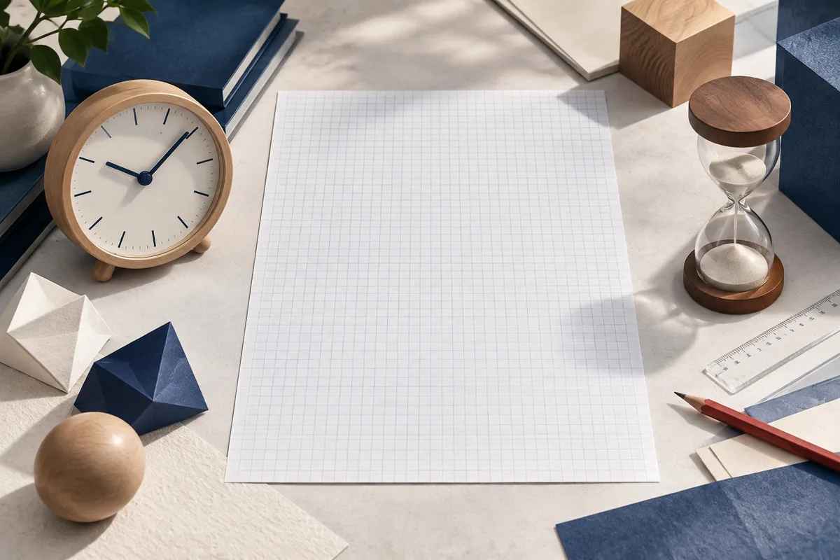 A wooden clock and glass hourglass sit beside blank grid paper, a red pencil, rulers, geometric wooden shapes, and a leafy plant.