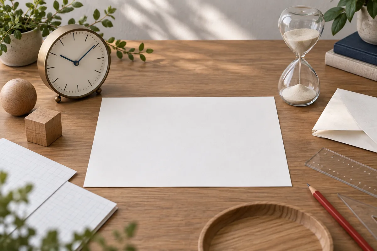 A round clock and glass hourglass sit on a wooden desk around a blank sheet of paper, with wooden blocks, graph paper, clear rulers, a red pencil, and leafy plants nearby.