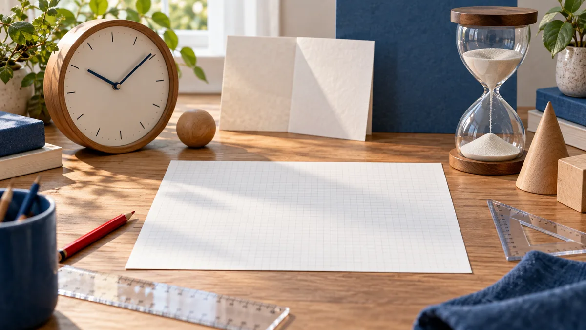 A wooden desk holds a blank sheet of faintly gridded paper, a red pencil, clear rulers, a round clock, and an hourglass.