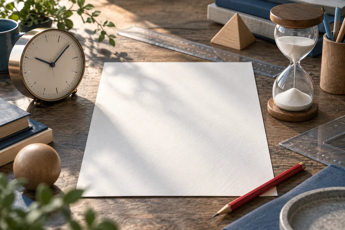 A round clock and an hourglass flank a blank sheet of paper on a wooden desk, with rulers and pencils nearby.