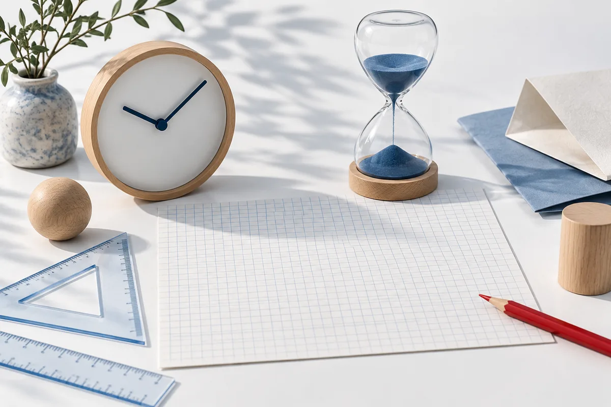 A wooden clock and blue-sand hourglass sit beside blank graph paper, clear rulers, folded blue paper, and a red pencil.
