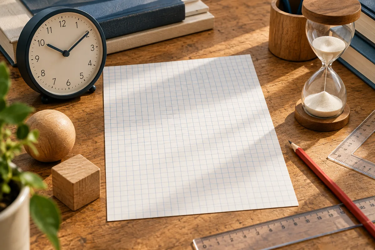 A clock and hourglass sit beside blank graph paper, rulers, a red pencil, and wooden shapes on a desk.