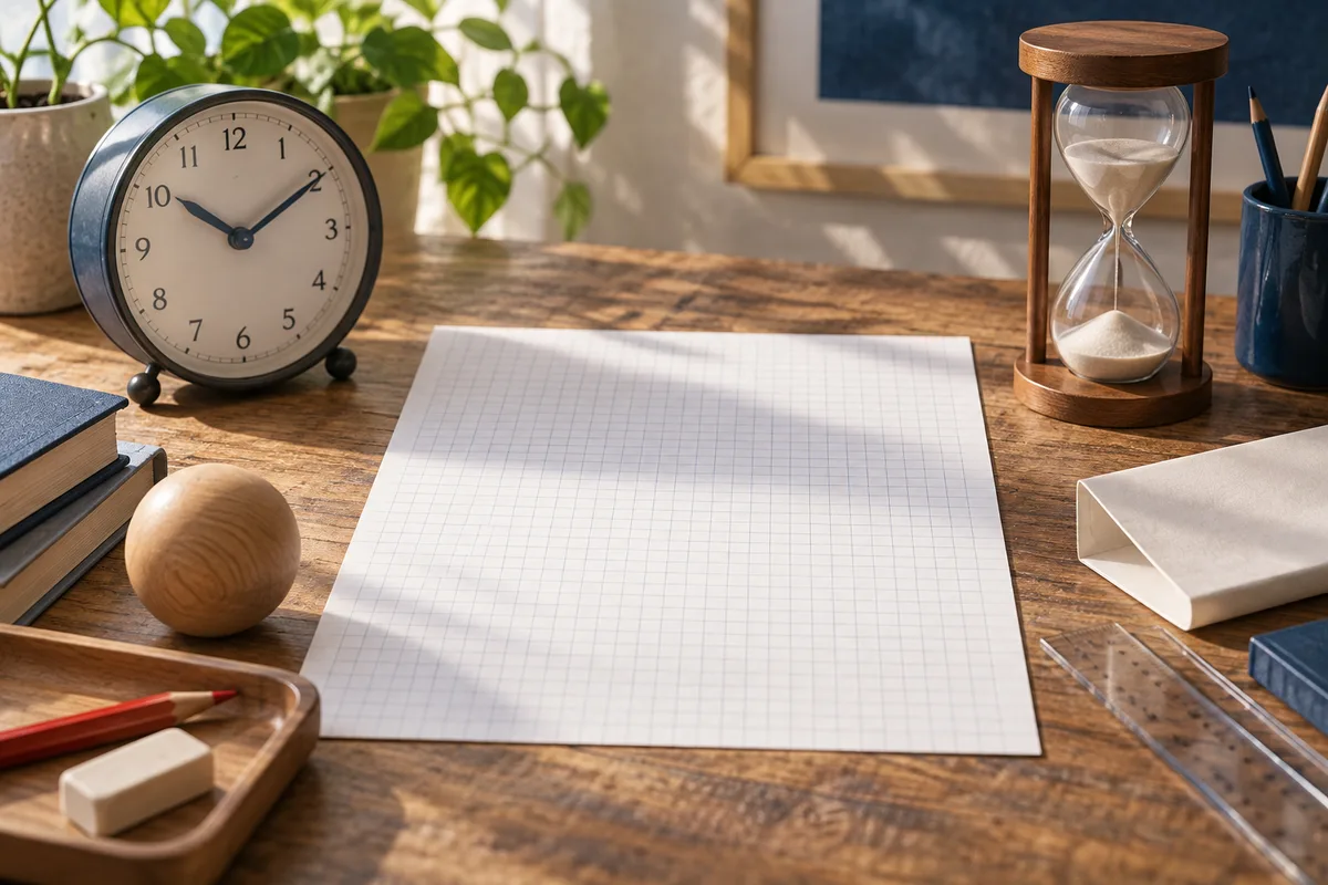 A blank sheet of graph paper on a wooden desk, beside an analog clock, an hourglass, pencils, a ruler, and a wooden sphere.
