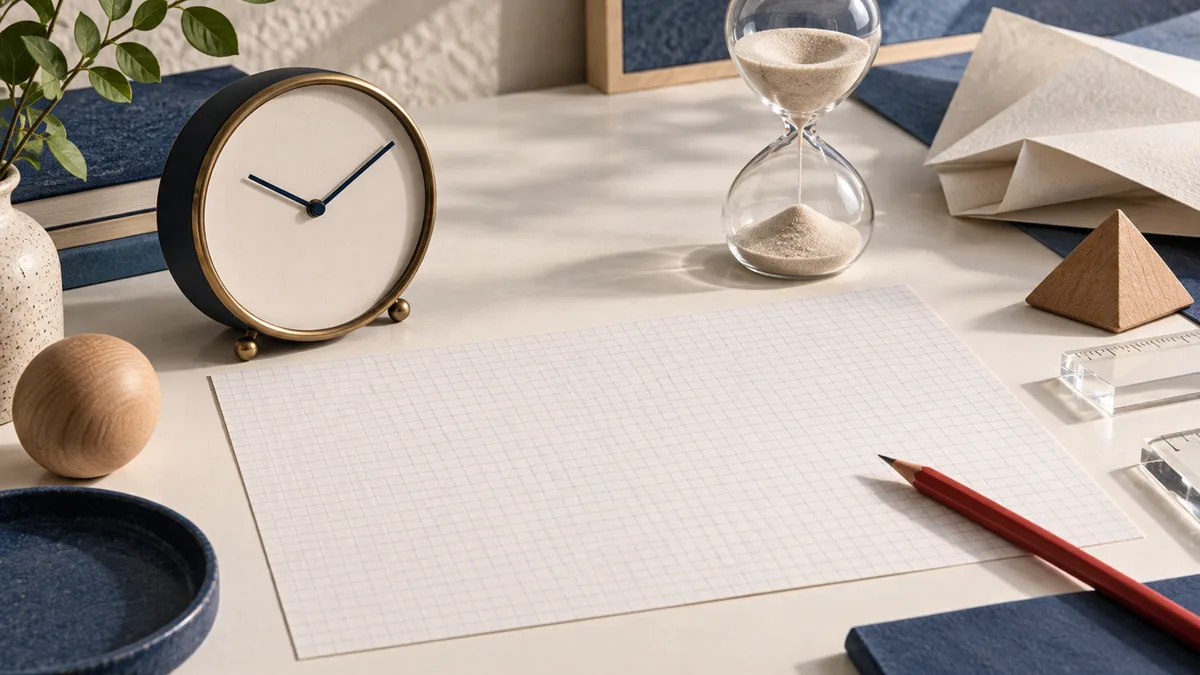 A tabletop still life with a clock, hourglass, blank gridded paper, red pencil, transparent rulers, folded paper, wooden shapes, and a leafy plant.