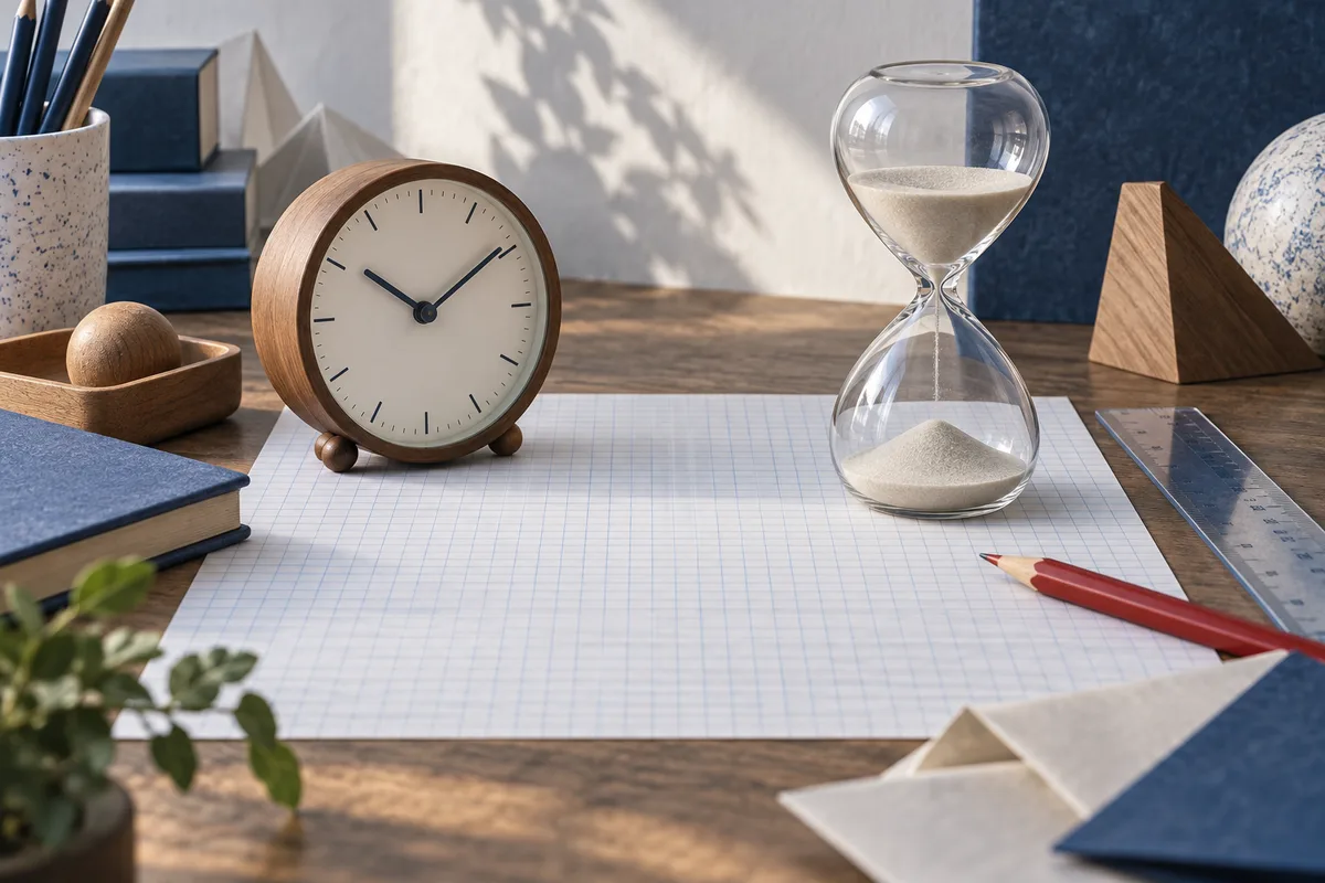 A wooden clock and glass hourglass sit on blank graph paper beside a red pencil and transparent rulers.