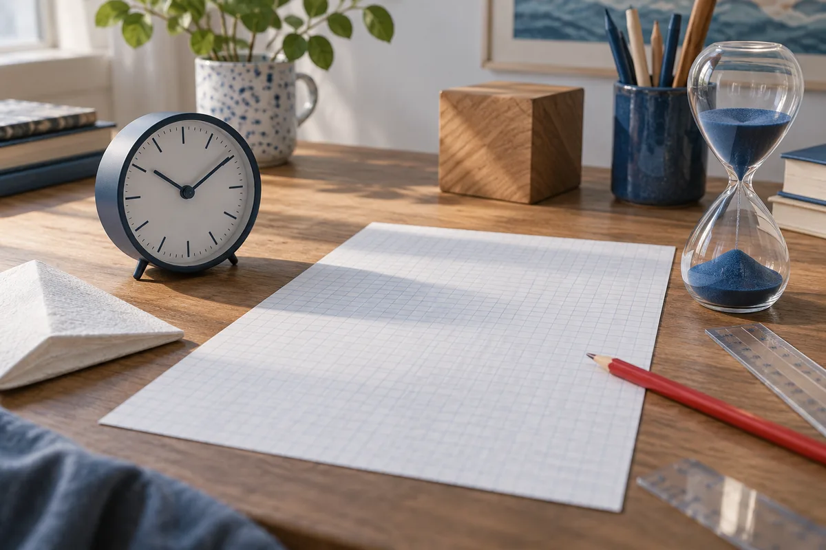 A desk holds a clock, an hourglass, blank graph paper, clear rulers, a red pencil, and wooden blocks.