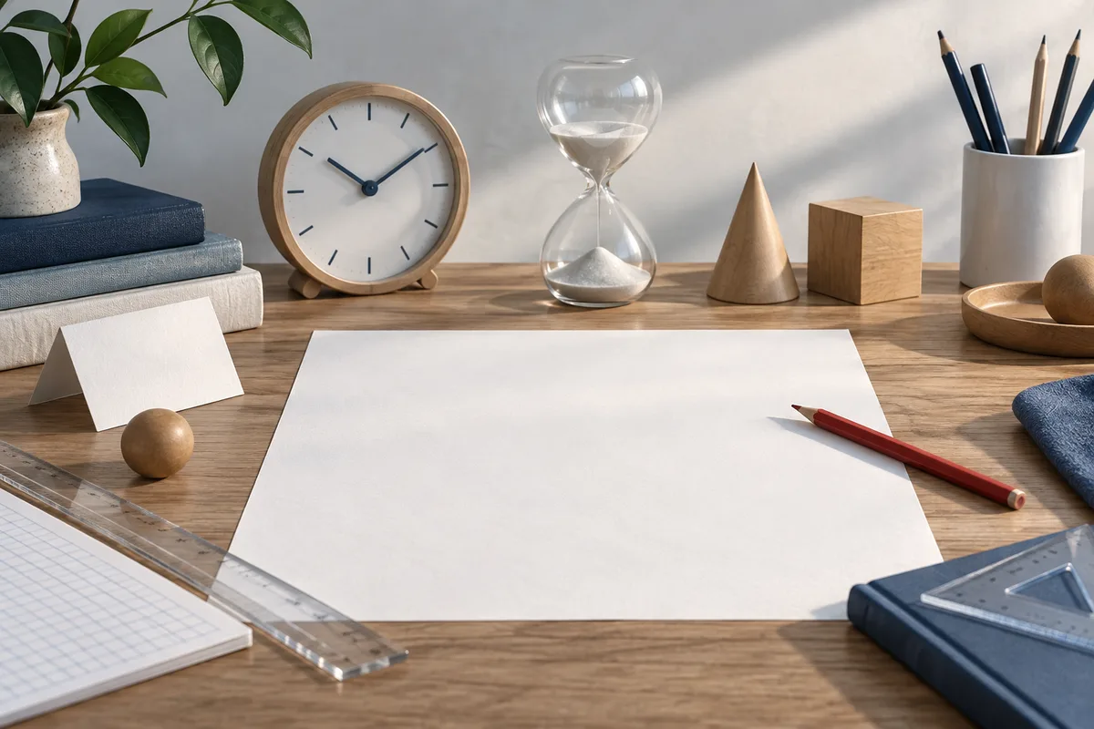 A desk with blank paper, a clock, an hourglass, pencils, rulers, wooden shapes, books, and a potted plant.