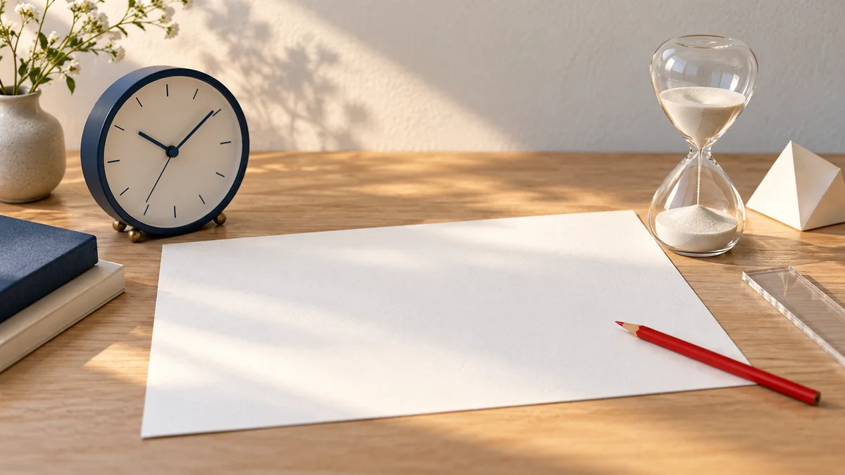 A clock and hourglass sit beside a blank sheet of paper and a red pencil on a wooden table.