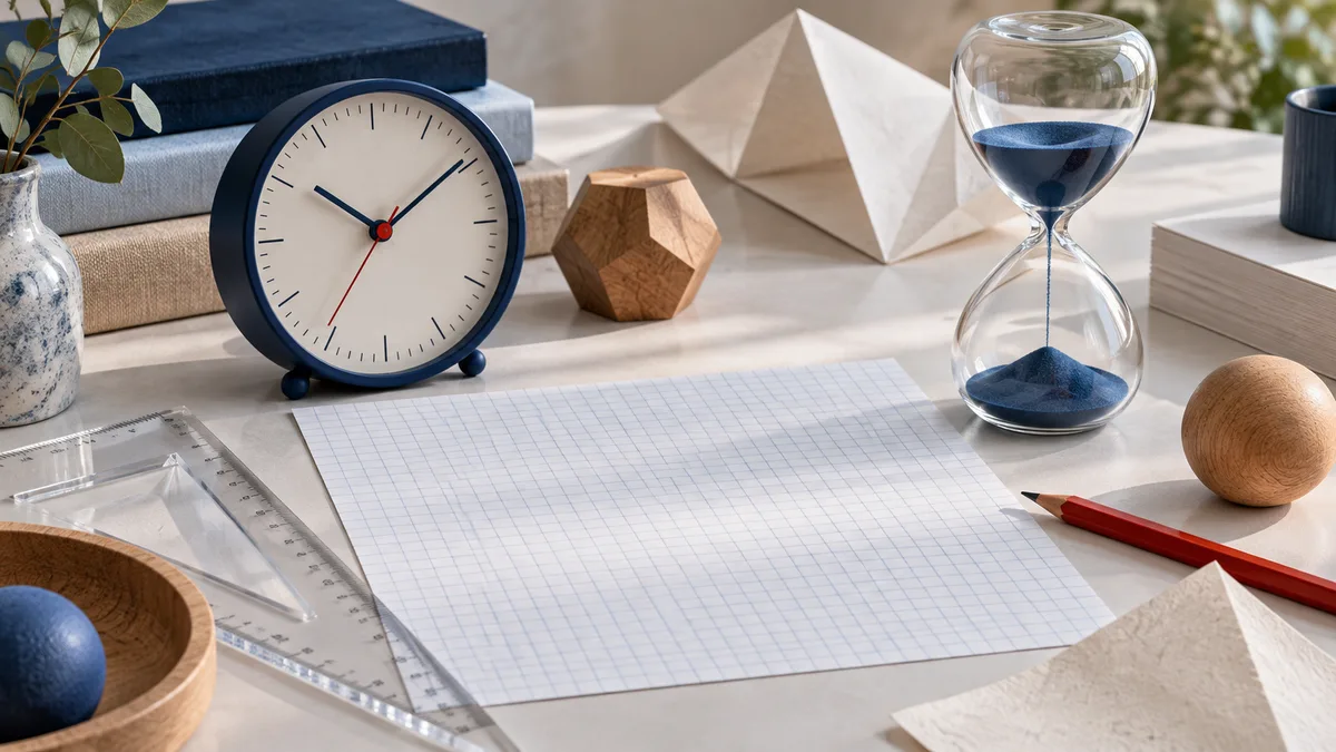 A clock and hourglass sit beside blank graph paper, a clear ruler, a red pencil, folded paper, and wooden shapes on a white desk.