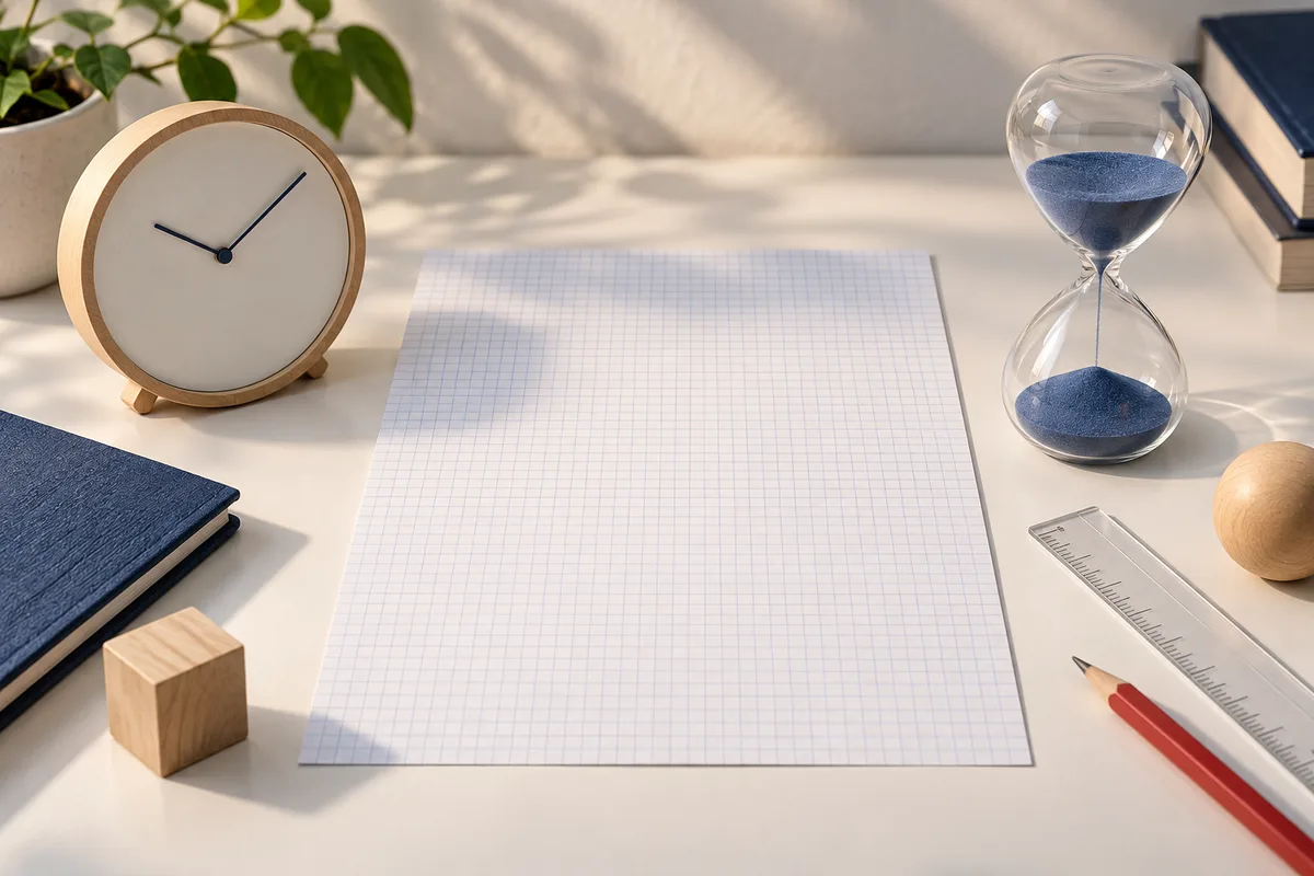A wooden clock and blue-sand hourglass sit beside blank graph paper, a ruler, pencil, books, and wooden blocks.