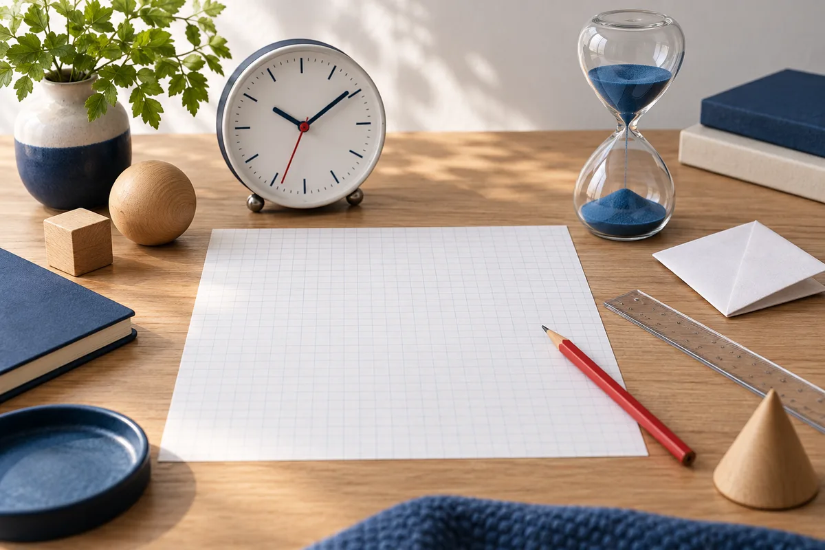 A tabletop still life with a clock, blue-sand hourglass, blank grid paper, red pencil, ruler, wooden shapes, books, and a potted plant.