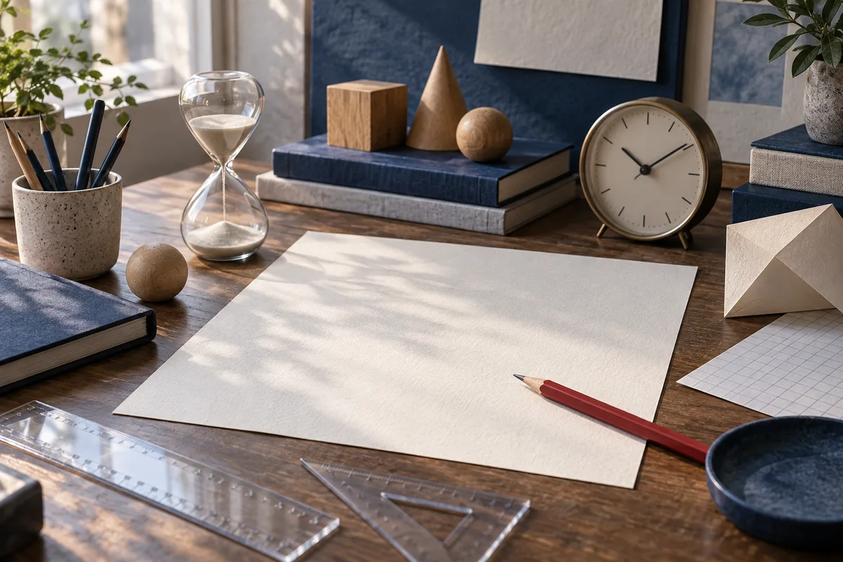 A blank sheet and red pencil on a desk, surrounded by an hourglass, clock, rulers, books, and wooden shapes.