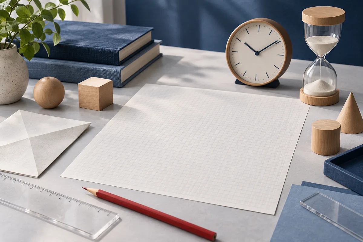 A blank sheet of faintly gridded paper lies on a desk beside a red pencil, clear rulers, stacked books, a clock, an hourglass, and wooden shapes.