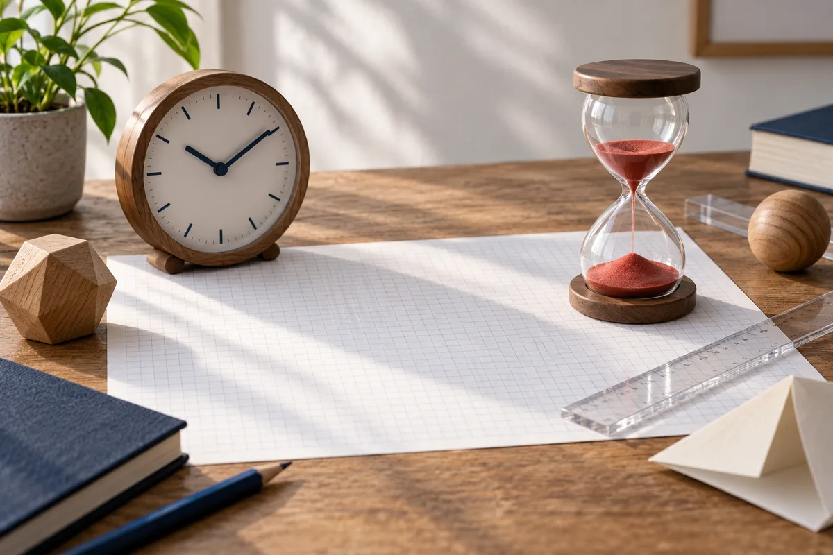 A wooden clock and red-sand hourglass sit beside blank graph paper, wooden shapes, books, and clear rulers on a desk.