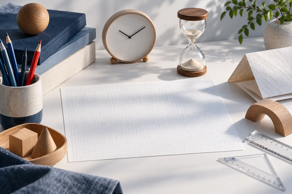 A blank sheet of graph paper lies on a desk between an analog clock and an hourglass, with pencils, books, rulers, and wooden shapes nearby.