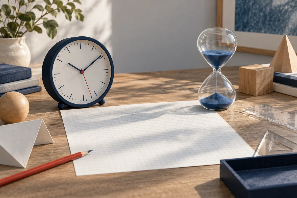 A clock and blue sand hourglass sit on a wooden desk around blank graph paper, with a red pencil, clear rulers, wooden blocks, and geometric forms nearby.