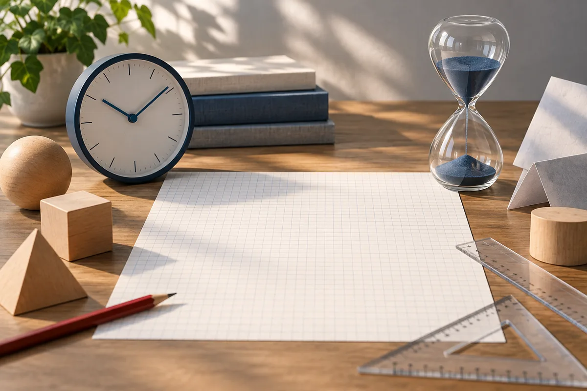 A clock and hourglass sit beside a blank sheet of grid paper, books, rulers, a pencil, and wooden geometric shapes on a desk.