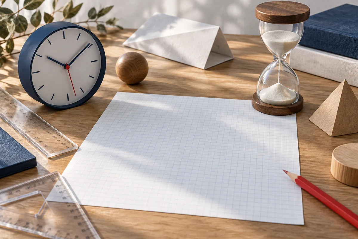 A blue clock and glass hourglass sit beside blank graph paper, a folded sheet, wooden shapes, clear rulers, and a red pencil on a wooden desk.
