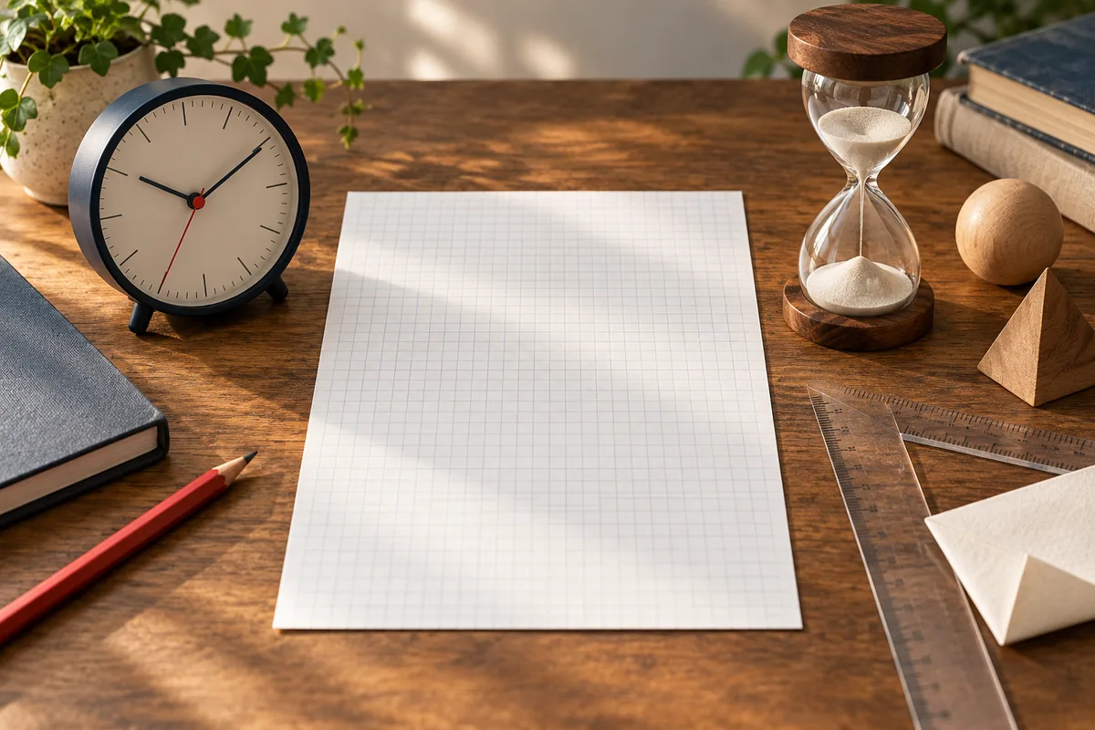 A blank sheet of graph paper sits on a wooden desk beside an analog clock, an hourglass, a red pencil, clear rulers, a wooden sphere and pyramid, books, and a potted plant.