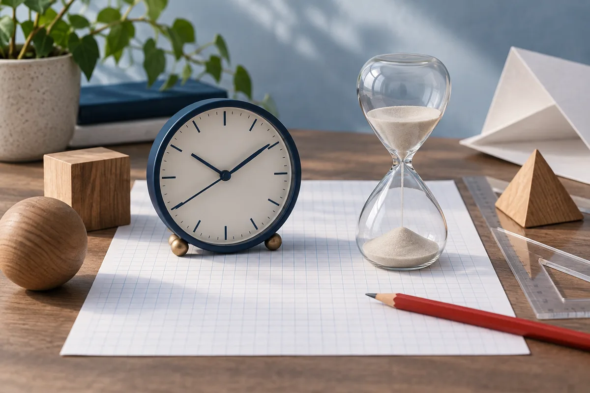 A clock and an hourglass sit on gridded paper beside a red pencil, wooden blocks, and a clear ruler.