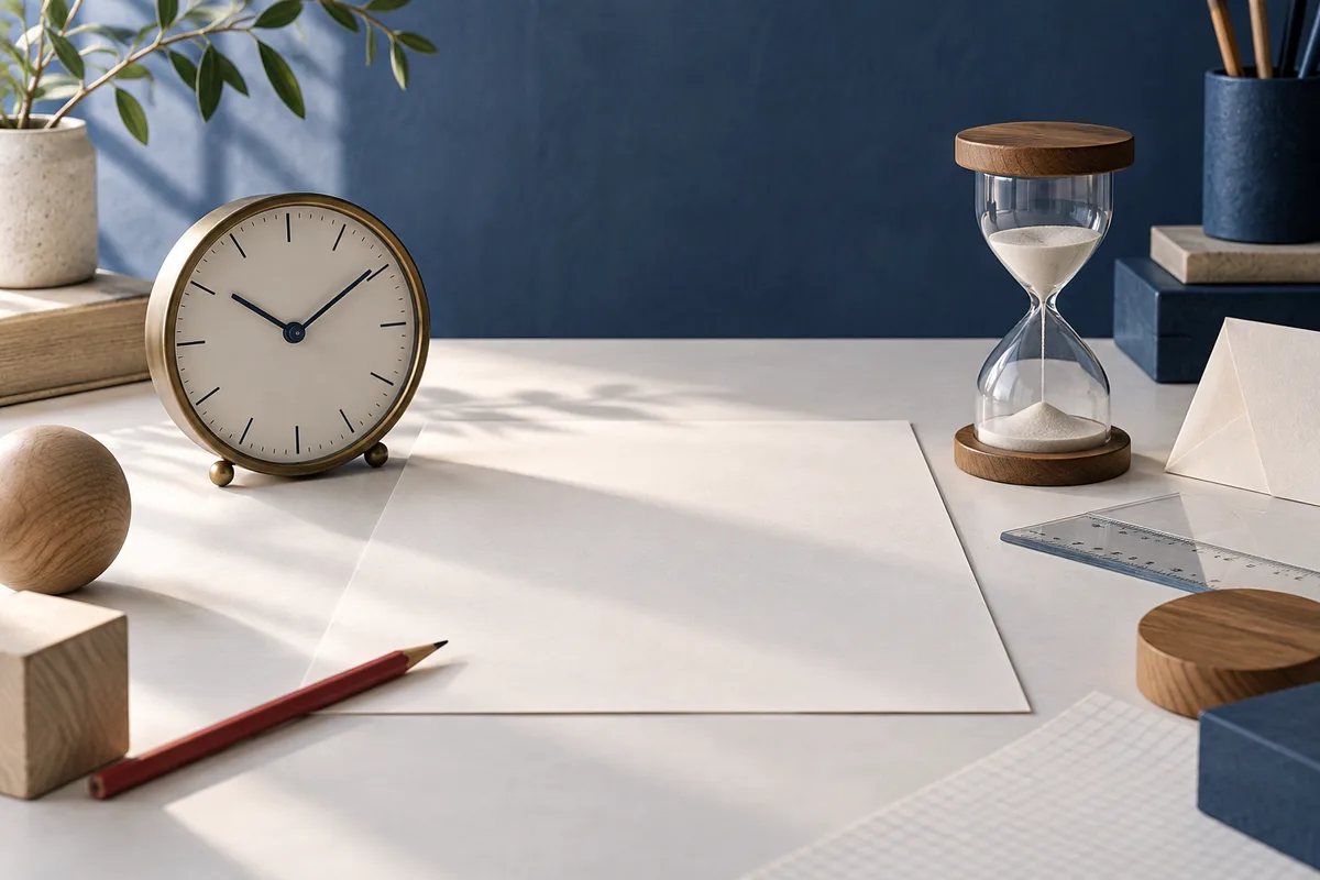 An analog clock and glass hourglass sit beside a blank sheet of paper, pencil, ruler, and wooden blocks on a desk.