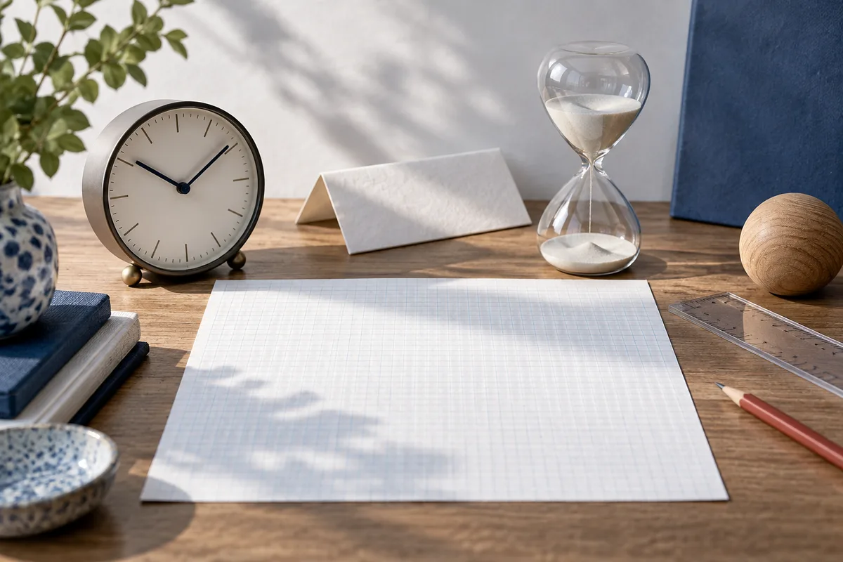 A clock and hourglass sit behind a blank sheet of graph paper on a wooden desk, with a ruler and pencil nearby.