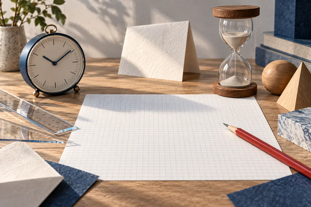 A navy clock and glass hourglass sit on a wooden desk beside blank graph paper, transparent rulers, folded paper, and a red pencil.