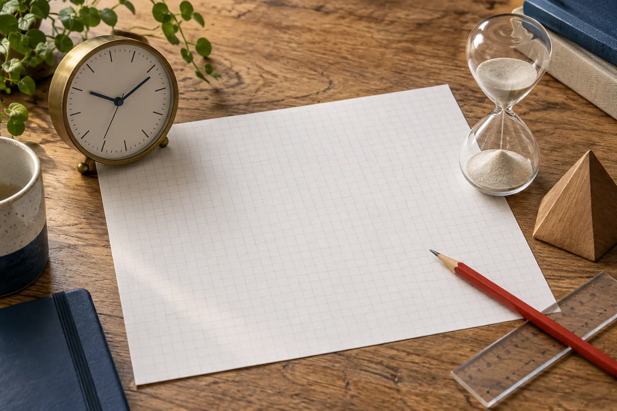A fine-grid sheet lies on a wooden desk beside a clock, hourglass, red pencil, ruler, wooden block, mug, and books.