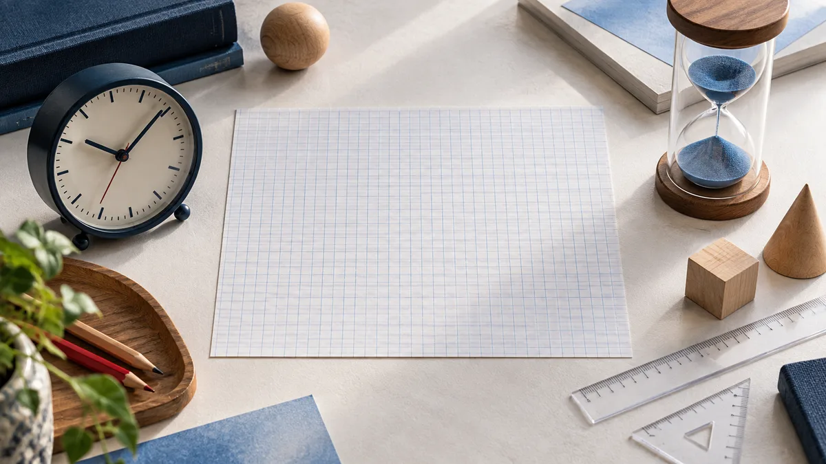A clock and blue-sand hourglass sit beside blank graph paper, pencils, wooden shapes, and clear rulers on a light tabletop.