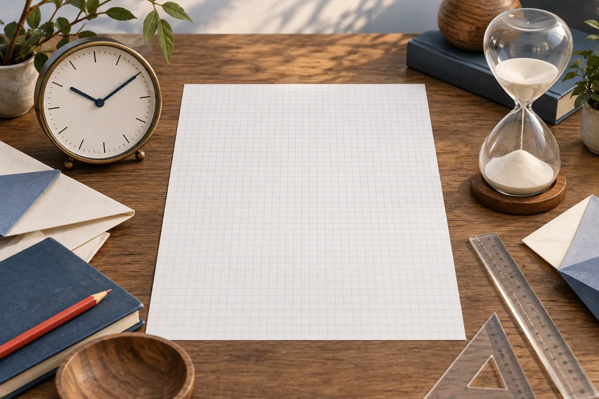 A blank sheet of graph paper sits on a wooden desk between an analog clock and an hourglass, with books, a pencil, rulers, and a potted plant nearby.