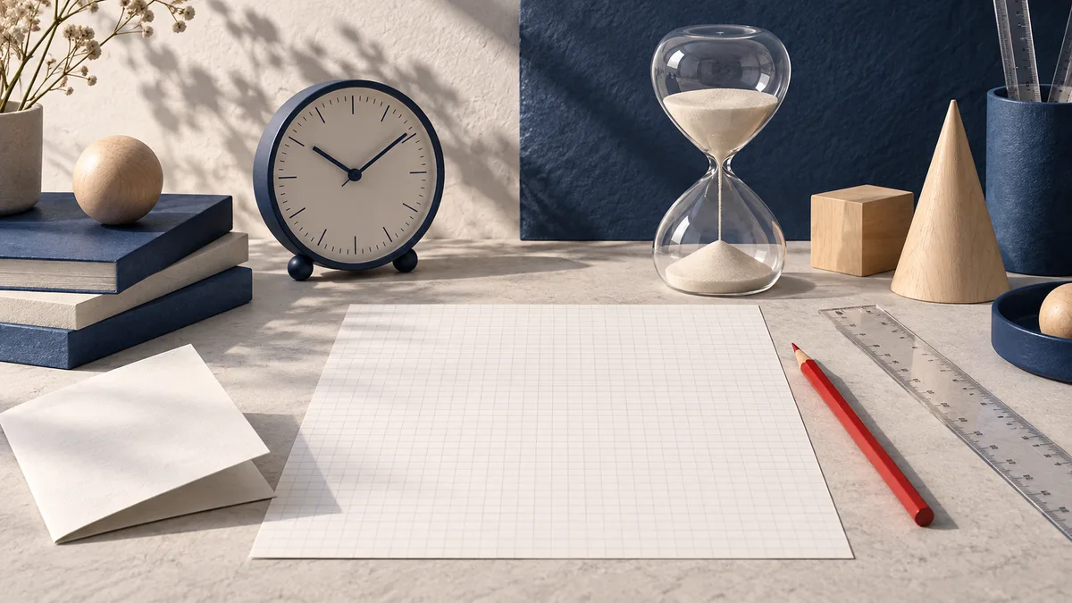 A tabletop still life with a clock, hourglass, blank graph paper, clear rulers, a red pencil, books, and wooden shapes.