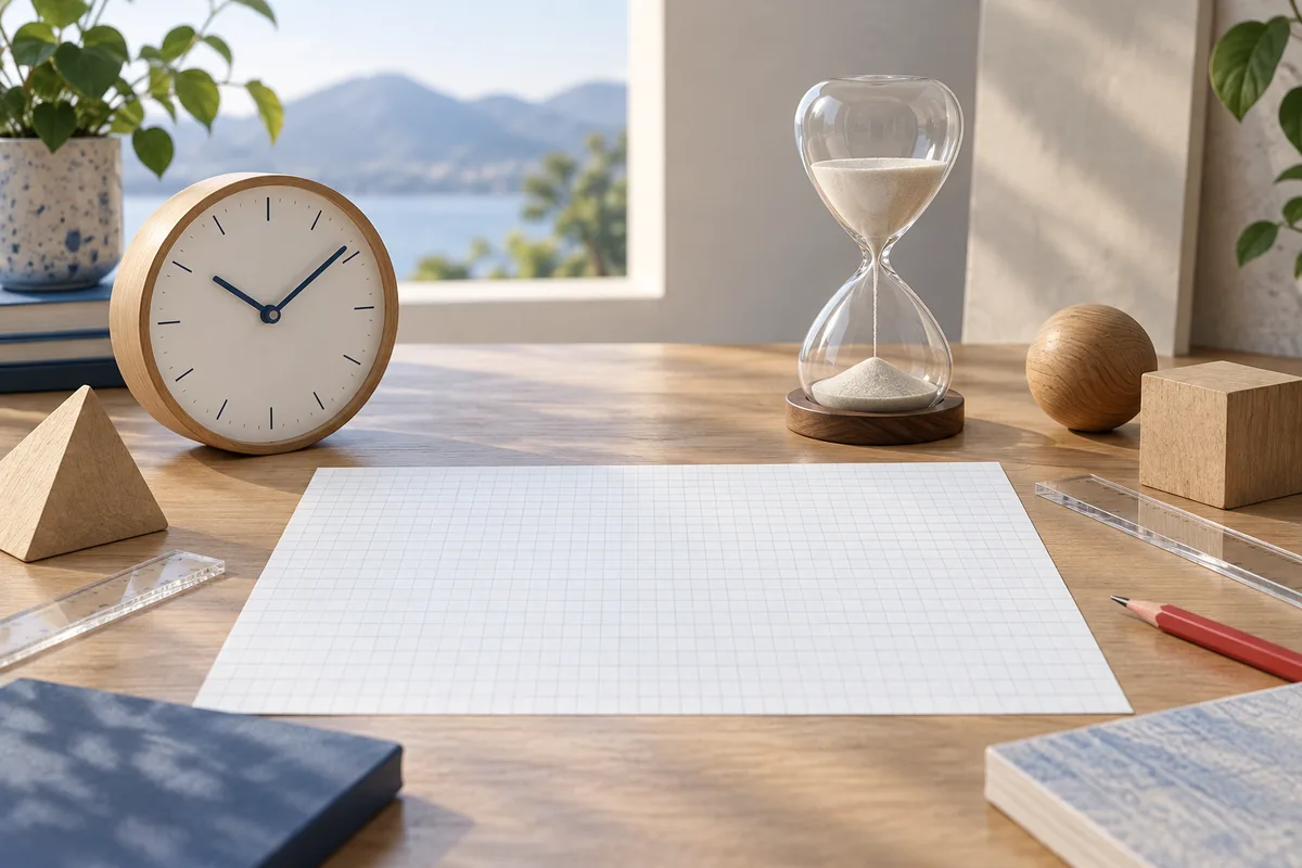 A wooden desk holds a clock, an hourglass, blank gridded paper, clear rulers, a red pencil, and wooden shapes.