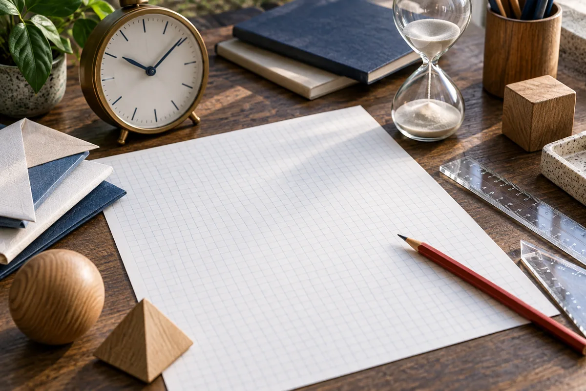 Blank graph paper on a wooden desk, surrounded by a clock, hourglass, red pencil, clear rulers, books, and wooden shapes.