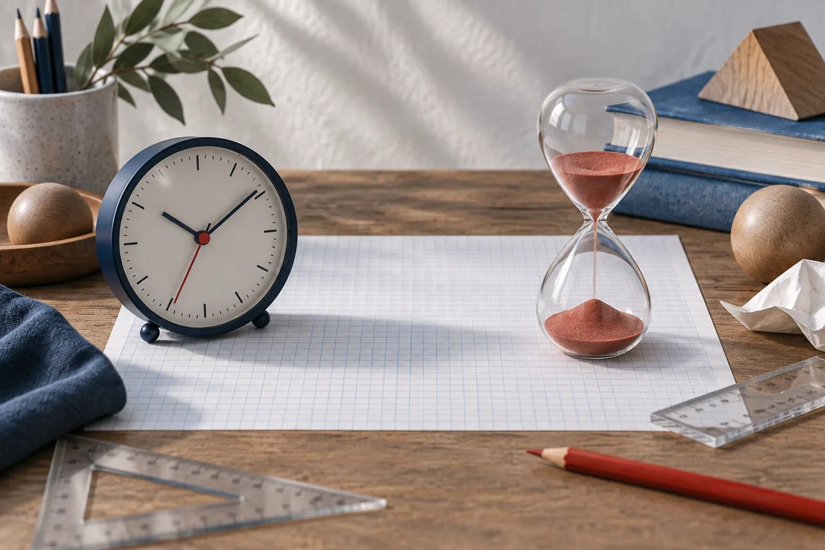 A clock and an hourglass sit on blank graph paper, with pencils, rulers, books, and wooden objects arranged on a desk.