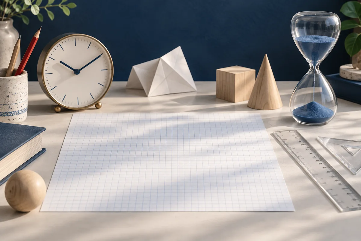 A clock and hourglass sit behind blank graph paper on a wooden desk, surrounded by wooden geometric shapes, rulers, and a red pencil.