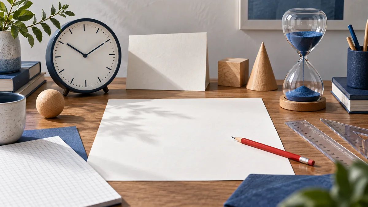 A desk still life with a round clock, a blue-sand hourglass, blank sheets of paper, a red pencil, transparent rulers, wooden shapes, books, and plants.